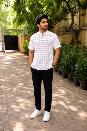 Image of LATEST CHIKAN Men's Cotton Printed Short Kurta | Half Sleeve Band Collar Ethnic Wear | Radhe Print Casual Festive Traditional Kurta for Men