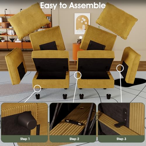 Image of LLappuil Modular Sectional Sofa with Storage, U-Shaped 9-Seat Corduroy Couch with 8 Throw Pillows, Pet-Friendly Convertible Pit Sofa for Living Room, Skin-Friendly & Soft, Yellow