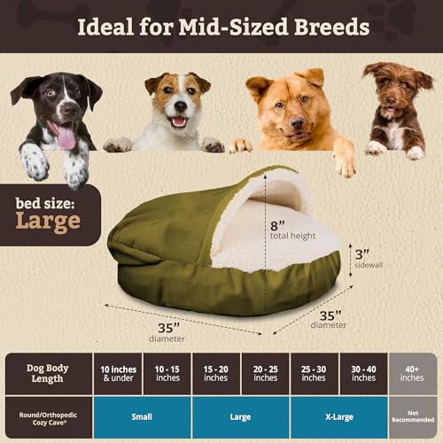 Image of Snoozer Cozy Cave Dog Bed, Round Covered Dog Bed, Olive Micro (L)