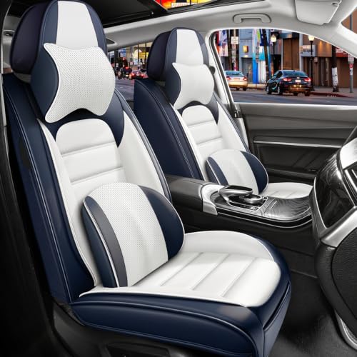 Image of Full Set Car Seat Covers for Jeep Compass 2007-2026, Waterproof Stain-Resistant Seat Cover, Premium Nappa Leather Seat Protectors with Storage Pockets(Luxury 5 Seats /Blue&White)
