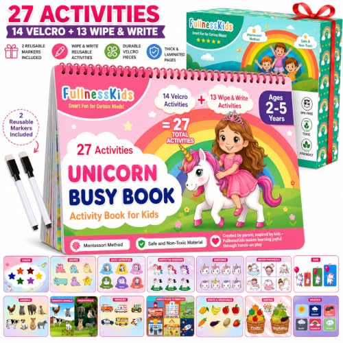 Image of FullnessKids Unicorn Busy Book for Toddlers 2-5 Years | 27 Activities Montessori Learning Toy | 14 Velcro Activities & 13 Wipe and Write Activities | Reusable Educational Activity Binder | Travel Toy & Birthday Gift for Girls