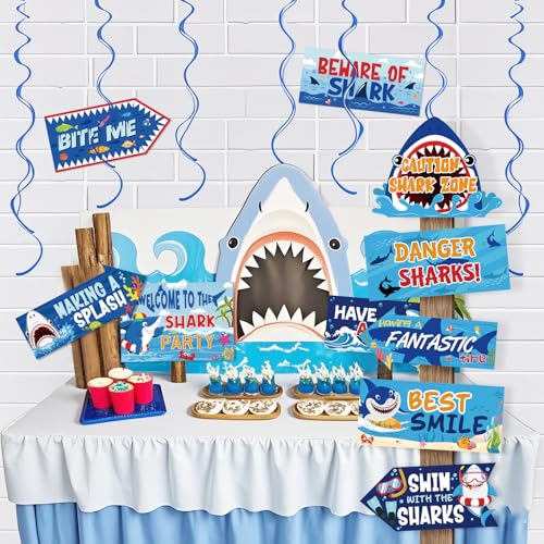 Image of Hooqict Shark Birthday Party Decorations 20 Pieces Welcome To The Shark Signs for Kids Boys Classroom Under The Sea Ocean Beach Themed Party Supplies