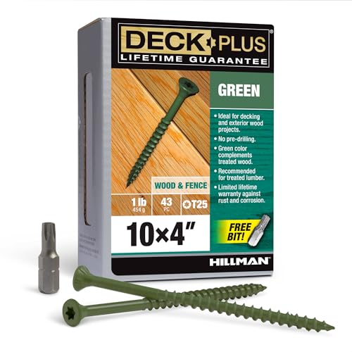 Image of Deck Plus 4 Inch Epoxy Coated Exterior Wood and Fence Screws #10 x 4 Torx /Star Drive Included Coarse Thread, Outdoor Rust Resistant Decking Screw, Green, 1lb Box, 43 Pieces | 48409