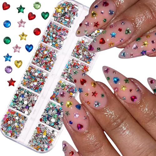 12Grids Colorful Rhinestones Nail Charms Multi-Shape Diamond Nail Art Charms 3D Flatback Mini Round Square Nail Rhinestones Shiny Love Heart Nail Gems Cute Flower Star Nail Jewelry Supplies for Women