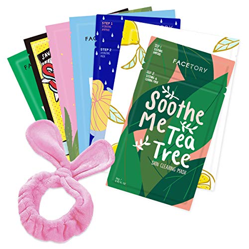 FACETORY Best of Seven Collection with Bunny Spa Headband - Soft, Form-Fitting Sheet Masks, For All Skin Types - Hydrate, Radiance Boost, Soothe, Revitalize, Nourish, Purify Skin