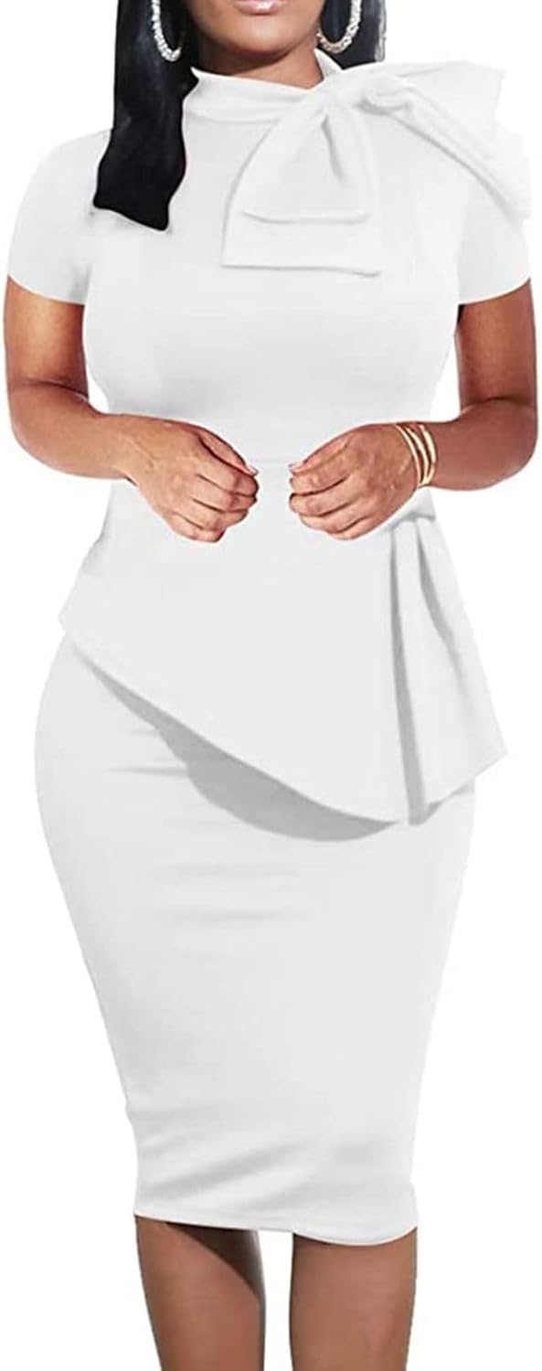 Women's Fashion Peplum Bodycon Short Sleeve Work Dresses Bow Club Ruffle Pencil Formal Cocktail Dress