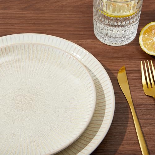 Image of Pokini Ceramic Dinnerware Sets for 4, 12 Pieces Embossed Stoneware Plates and Bowls Sets, Scratch Resistant Dish Sets, Distinctive Granulated Surface, Housewarming Wedding Gift, Brown