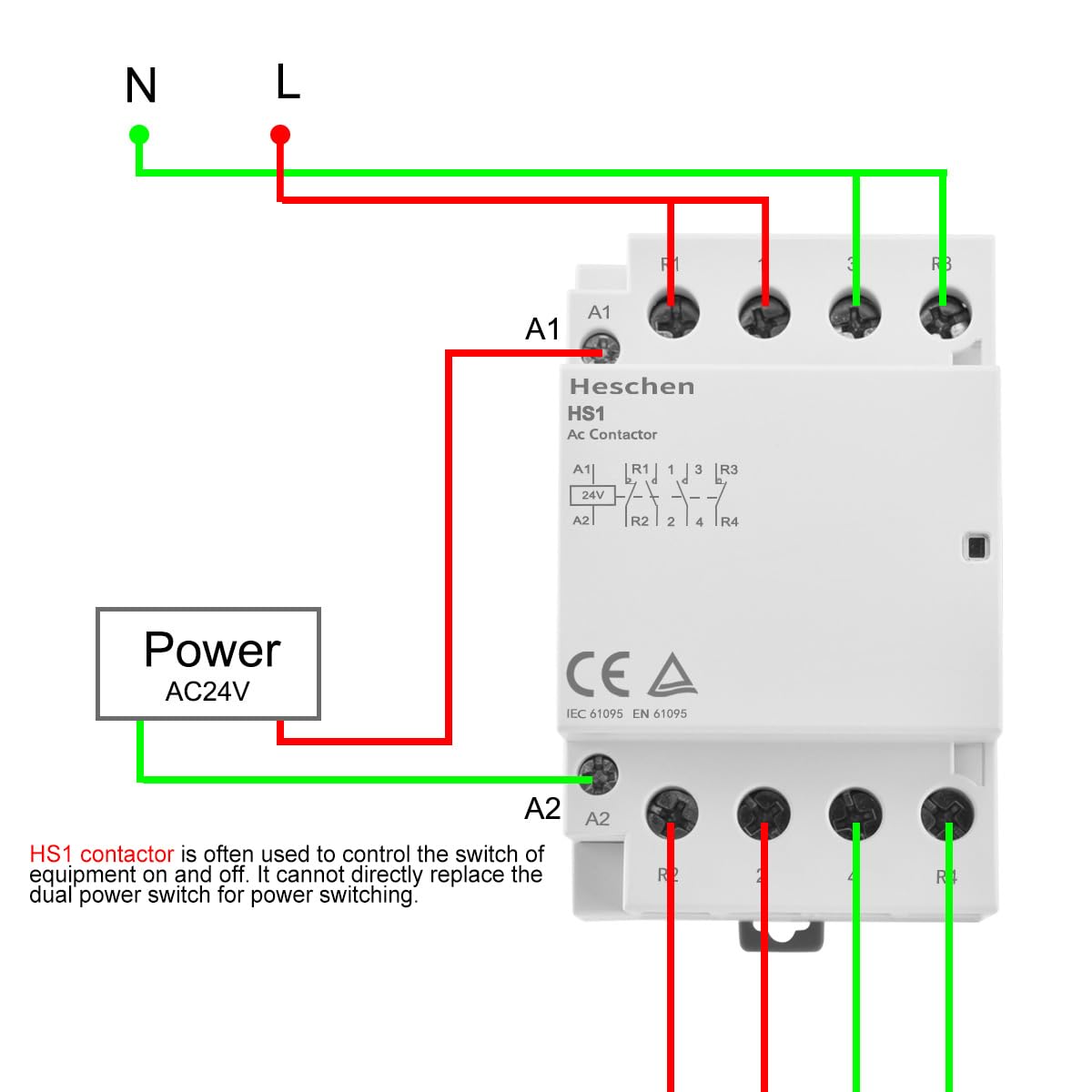Heschen Contacteur AC Domestique, HSR1-40, Ie 40A, 2 Pôles, Deux Normalement Fermés, Tension De Bobine AC 220 V/240 V, Montage Sur Rail DIN 35 Mm