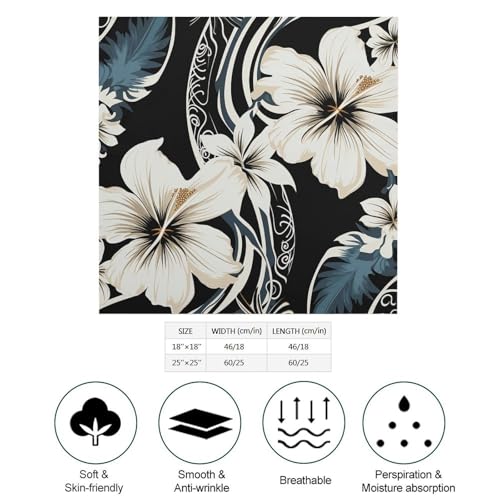Square Head Scarf Silk Like Neck Scarf Black And White Hawaiian Flowers Satin Bandanas Sleeping Hair Scarfs Fashion Silk Feeling Scarfs Boho Headwear Kerchief 18"×18"2