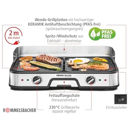 ROMMELSBACHER Tischgrill BBQ 2025, 2 Wende-Grillplatten (geriffelt und glatt), getrennt regelbar, keramische Antihaftbeschichtung (PFAS frei), Temperaturen bis 230 °C, 2 m Kabel, 2000 W – Bild 5