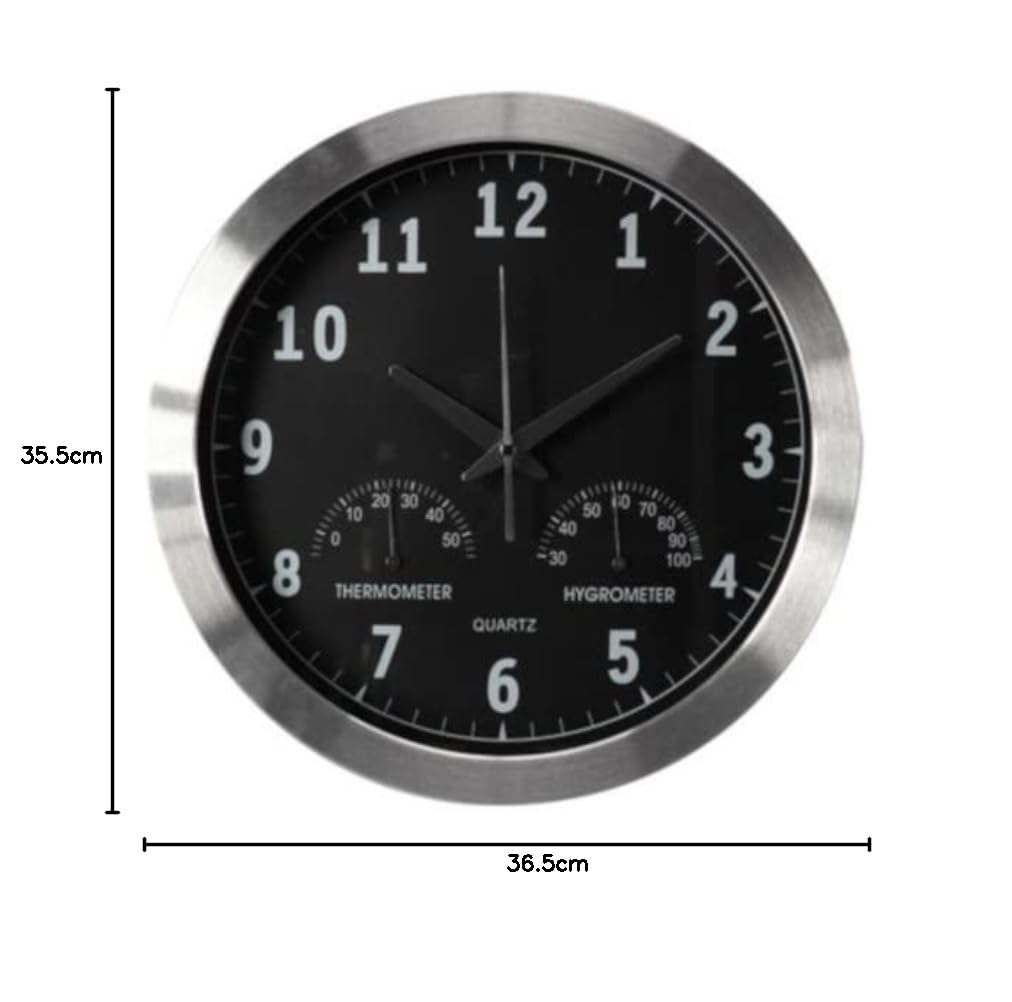 Perel Analoge Wanduhr 35,5 cm mit DCF-Zeitsynchronisation, Thermometer und Hygrometer, gut ablesbares Zifferblatt, silberner Aluminiumrahmen, Wohnzimmer Küche Büro Wartezimmer