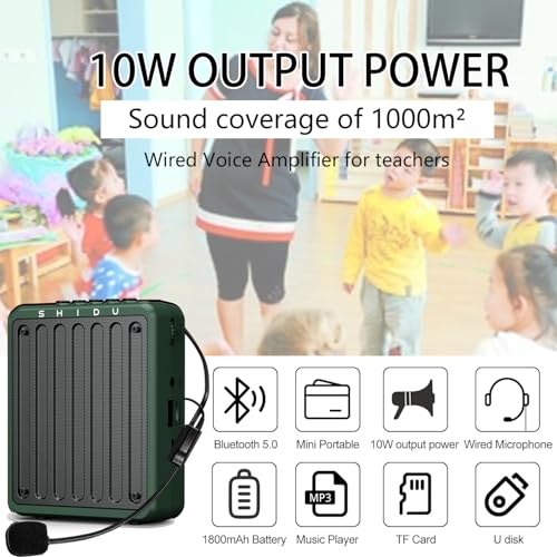 SHIDU Bluetooth-Sprachverstärker für Lehrer, tragbarer Sprachverstärker mit kabelgebundenem Headset-Mikrofon, Mini-persönliches wiederaufladbares PA-System für Klassenzimmer, Reiseleiter, Sprechen,