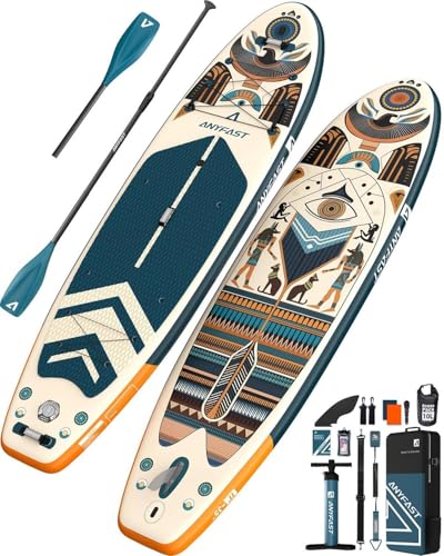 ANYFAST Inflatable Stand Up Paddle Boards - Extra Wide Fishing Paddleboard,Cool Design,Ultra Stable Standup SUP,15 D-Rings,5 Handles, Camera Mount,100L Backpack,10L Dry Bag, Youth/Adults