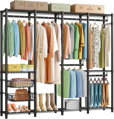 Fuyoula Clothes Rack Heavy Duty Clothes Rails, Metal Garment Rack Freestanding Portable Wardrobe Closet Rail with 2 Slid Baskets for Hanging Clothes Wire Clothing Rack, 192.5 x 45 x 195 cm, Black