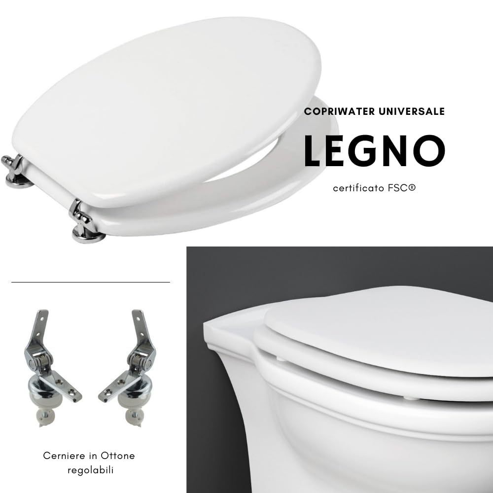 Schläfer - Copriwater Universale bianco in Legno Mdf 43x37, Tavoletta Wc Weser 4638101 con Cerniere Regolabili in metallo, Forma Ovale, Seduta Comoda