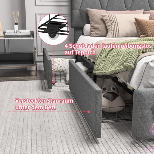 Hoscullo Polsterbett 140x200 cm mit 4 Schubladen,Jugendbett mit LED und Stauraum, Verstellbarem Kopfteil, Modern Doppelbett, Stauraumbett, Funktionsbett, Schlafzimmer Bett, Grau, Leinen – Bild 7