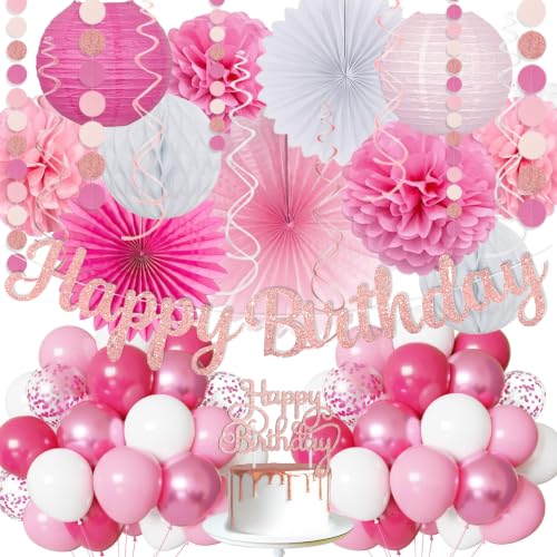 Image of Pink White Birthday Decorations Women Girls, Happy Banner, Paper Lanterns Honeycomb, Tissue Flowers Pom Poms Fan, Light Pink Latex Balloon Pink Confetti Balloons for Birthday Party Decor