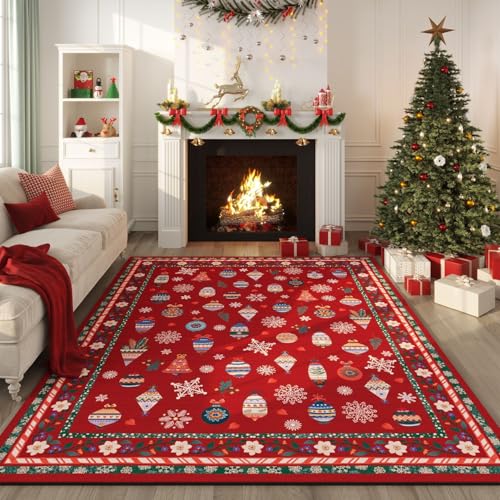 Rugcomf Christmas Area Rugs 5x7 – Red Xmas Snowflake Living Room Rug, Machine Washable Non-Slip Low Pile Holiday Carpet for Bedroom, Office, Dining Room, Farmhouse, Playroom