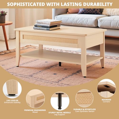 Image of Ink+Ivy Wood Lift Top Coffee Table with Hidden Compartment and Large Storage Shelf, Boho Modern Rattan Dining Rectangle Center Table for Home Living Room Office, 34.5 inch W, Natural