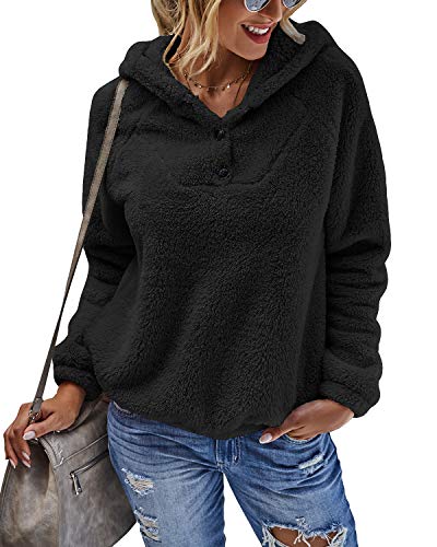 Yanekop Womens Fuzzy Fleece Pullover Button Collar Sherpa Sweatshirt Hoodie with Pockets(Black,L)