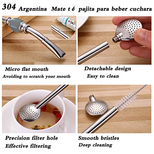 Image of Set of 2 Premium big Yerba Mate stainless steel straws 8.2'' long - Bombillas for Mate gourd drinking,removable head filter, with Cleaning Brush (Gray-Black 2+1)