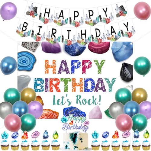 Balterever Geology Birthday Party Decorations Let’s Rock Geology Birthday Backdrop Crystal Diamond Cupcake Cake Toppers Banner for Crystal Diamond Supplies