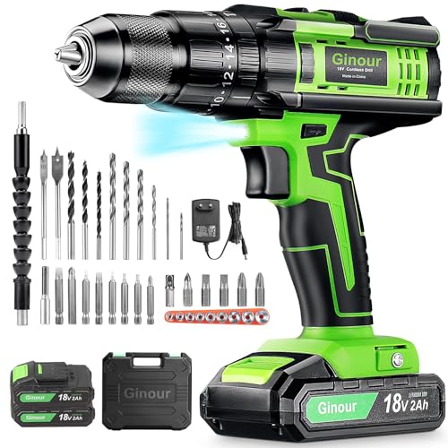 Akkuschrauber 18V, Ginour Bohrschrauber 45Nm Max mit LED Licht 20+3 Drehmomentstufen Schlagbohrschrauber, 65pcs Zubehör mit Koffer, 2 Gänge, 2x2.0Ah Akkus, mit Hammerfunktion 1 Akkuschrauber 18V, Ginour Bohrschrauber 45Nm Max mit LED Licht 20+3 Drehmomentstufen Schlagbohrschrauber, 65pcs Zubehör mit Koffer, 2 Gänge, 2x2.0Ah Akkus, mit Hammerfunktion