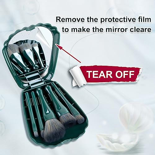 Makeup Brushes 5Pcs Mini Makeup Kit, Travel Set, Foundation Brush Eyeshadow Brush Make Up Brushes Set, Shell Shape Complete Function Travel Portable Cosmetic Brushes Kit With Mirror (Dark Green) #TOP2