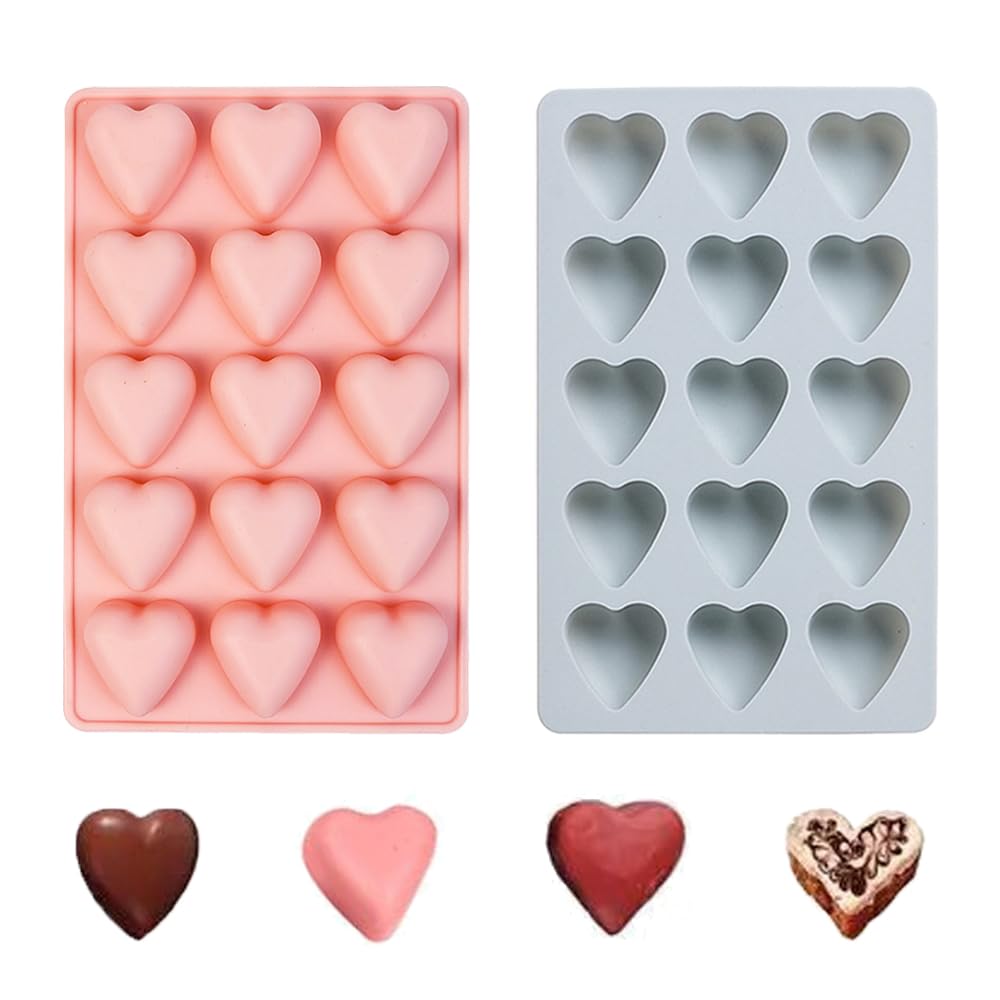 2 PCS Heart Shape Chocolate Moulds 15-Cavity Silicone Chocolate Mold Valentine's Day Candy Moulds for Baking DIY Resin Jelly Ice Cube Cake Dessert Decoration