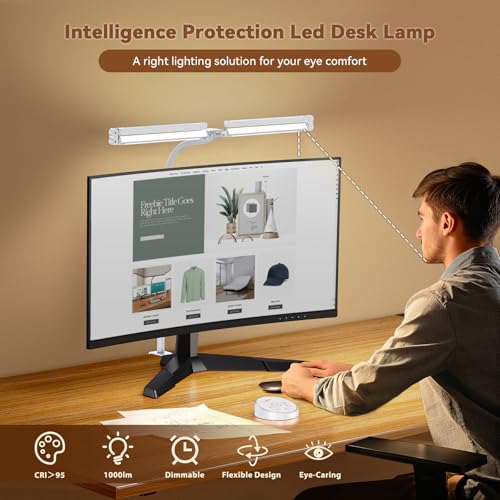 Image of Pzloz Led Desk Lamp with Clamp: Architect Desk Lamp for Home Office, Eye Caring Double Head Computer Monitor Work Desk Light with Remote Control - 24W Flexible Dimmable Desktop Table Lamp White