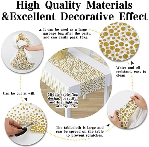Disposable Plastic Tablecloths - 8 Pack 54" x 108" White Gold Dot Party Table Cloths with Table Runner, Waterpoof & Wipeable Rectangle Table Covers for Birthdays Weddings Christmas Picnics Parties