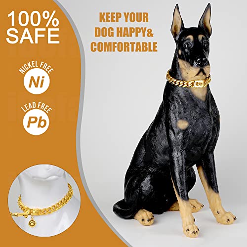 Image of Dog Chain Collars Cuban Link Dog Collar 12mm with Secure Snap, Bell & Dog Tag Stainless Steel Metal 18K Gold Chain Dog Collar for Puppy Small Medium Large Dogs (26 inch)