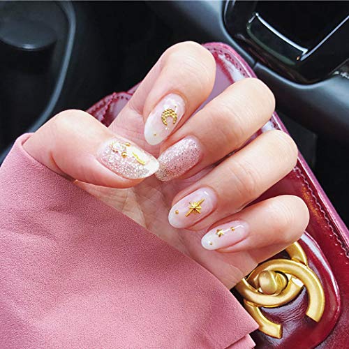 Fdesigner Fashion Fake Nail Tips Long Clip on Nails Shimmer False Nail Art Pendant Star Acrylic Nail Decoration Cute Nymph Oval Nail Accessories for Women and Girls