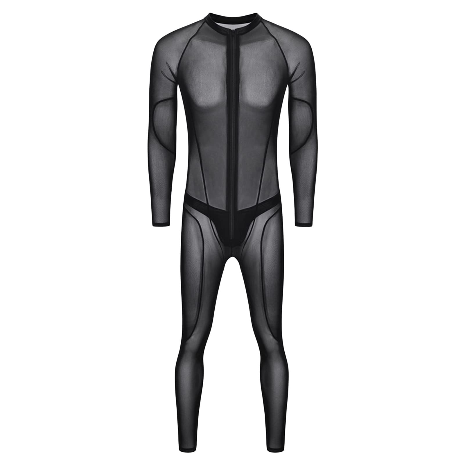 Maiyifu-GJ Men's One Piece See Through Mesh Bodysuit Faux Leather Wrestling Singlet Leotard Sissy Sheer Jumpsuit Clubwear (Black 4,XX-Large)