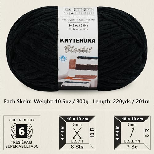 Image of #6 Super Bulky Blanket Yarn for Crocheting - 4 Skeins(Each 10.5oz /300g, 220yds /201m), Chunky Chenille Thick Plush Big Soft Yarn for Crocheting Knitting Blankets, Black