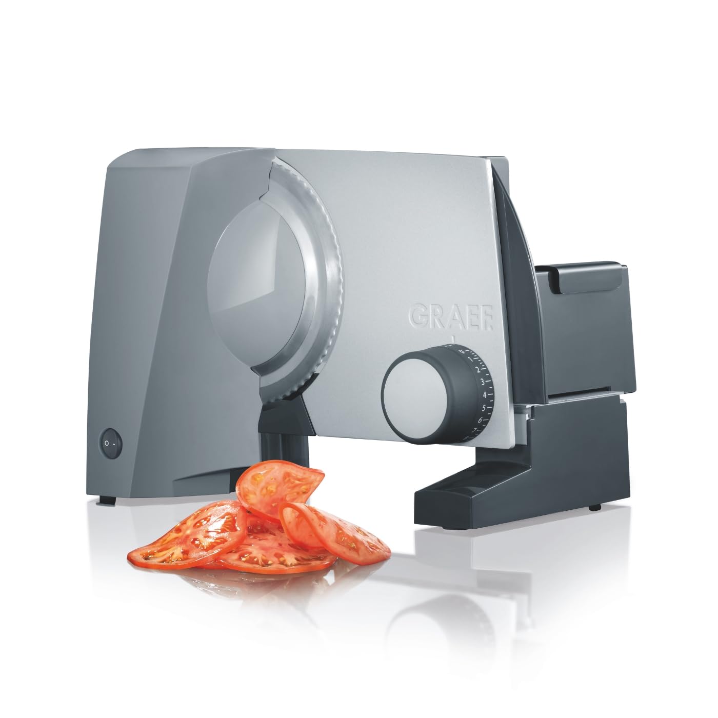 GRAEF G50 Affettatrice elettrica Made in Germany, lama Ø170 mm inox, taglio 0–20 mm, 170W, blocco bimbi, design salvaspazio, grigio