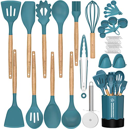 Kitchen Utensil Set Silicone Cooking Utensils -Fungun 26 pcs Kitchen Utensils Tools Wooden Handle Spoons Spatulas Set Cookware Turner Tongs Whisk Kitchen Gadgets with Holder (BPA Free, Non Toxic)