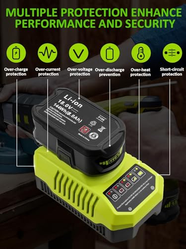 Image of 2Pack 8000mAh High Capacity Replacement for Ryobi 18V Battery and Charger Compatible with Ryobi 18V ONE+ Lithium Battery P108 P104 P105 P102 P103 P122 P109 Cordless Power Tools and Charger