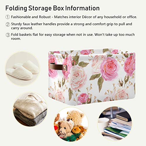 Susiyo Large Foldable Storage Bin, Floral Pink Roses Fabric Storage Baskets Collapsible Decorative Baskets Organizing Basket Bin With Pu Handles For Shelves Home Closet Bedroom Living Room-2Pack #TOP4