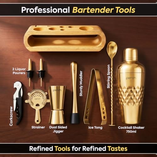 Image of O' Holic by Perch 10-Piece Bartender Kit with Mango Wooden Stand|Cocktail Shaker Gift Set with Jigger, Strainer, Spoon, Muddler,Pourers,Tongs & Corkscrew|Home Bar Accessories for Mixing Drinks(Golden)