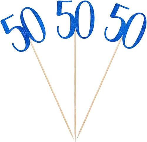 Palitos de centro de mesa de cumpleaños 50 con purpurina azul, paquete de 12 decoraciones de fiesta de aniversario número 50