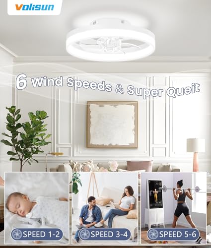 Image of VOLISUN 13 inch Small Ceiling Fans with Lights and Remote, Low Profile Ceiling Fans with Light, 3000K-6500K Dimmable LED Ceiling Light Flush Mount, Bladeless Fandelier Ceiling Fan (White)