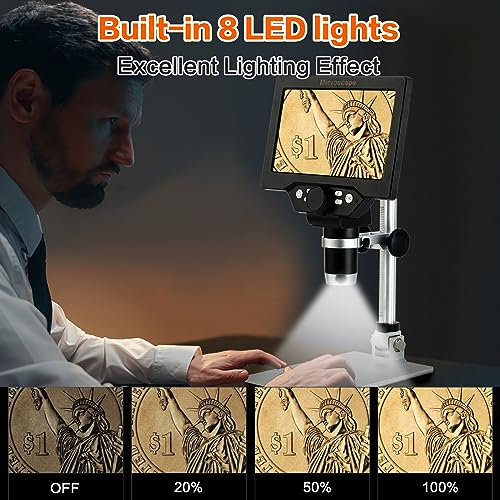 Image of Koolertron 7 inch LCD Digital Microscope 12MP 1-1200X Magnification - Handheld USB Microscope Camera with 32GB TF Card, 8 Adjustable LED Lights & Rechargeable Battery - Portable for Coin /PCB /Insect /Rock