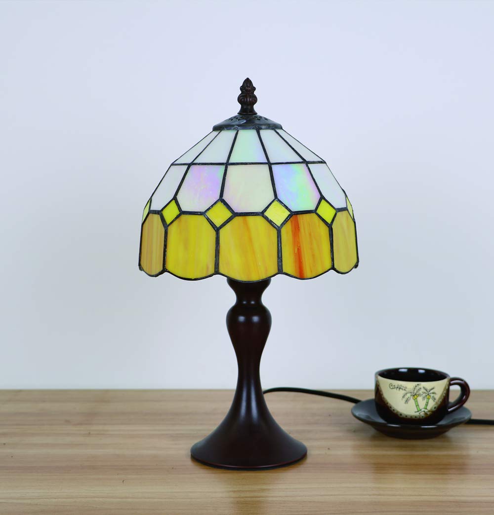 Lámparas de mesa Tiffany vintage 8 pulgadas, patrones de lámparas de vidrio manchado Hecho a mano Amarillo Mediterráneo Dormitorio Lámparas de noche Sala [Sin bombillas]