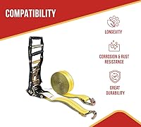 Vista 3 de Mytee Products Correa de trinquete amarilla de 2" x 27' con ganchos en J - Resistencia de rotura de 10,000 libras - Correa de amarre resistente