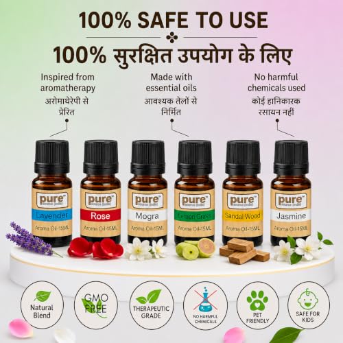 Image of Pure Source India Essential Oil (Lavender, Lemongrass, Rose, Jasmine, Sandalwood and Mogra), 15ml Each, Set of 6
