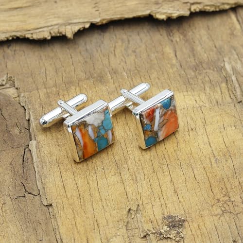 Mancuernas de plata 925 con turquesa natural para hombre miniatura 2