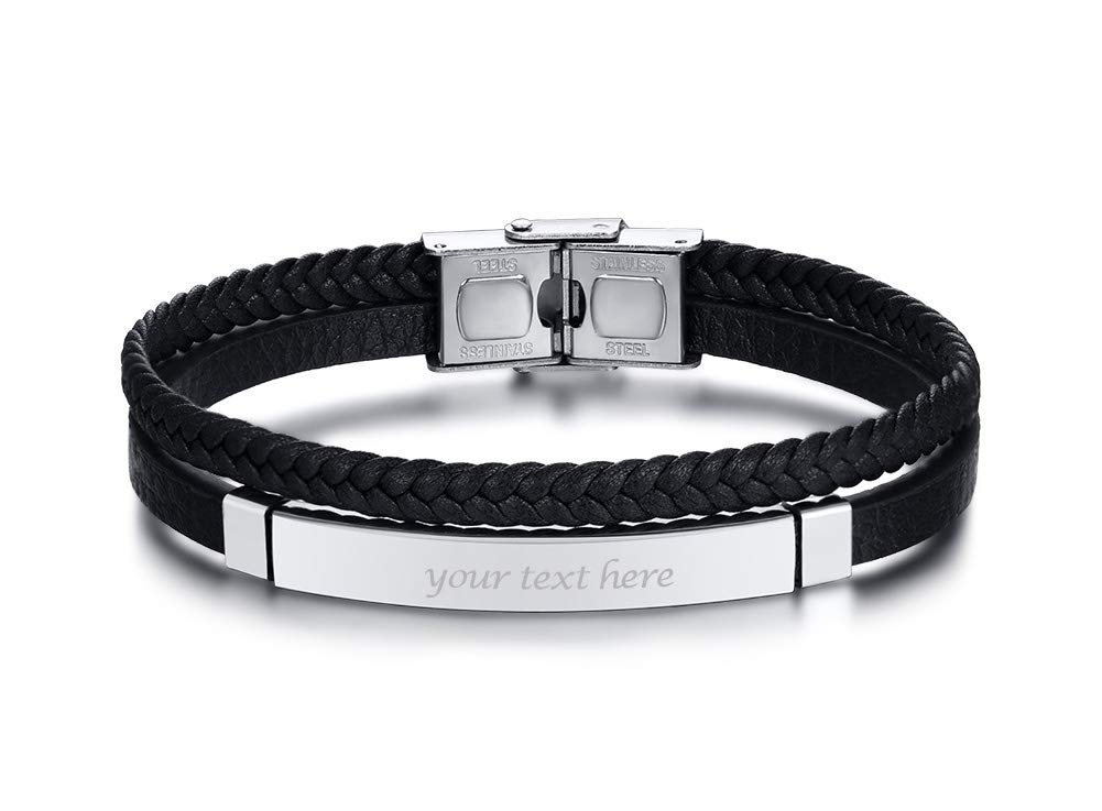 VNOX Trenzado de Cuero de PU Chapado en Negro Etiqueta de Identificación de Acero Inoxidable Pulsera Pulsera Brazalete para Hombres Niño