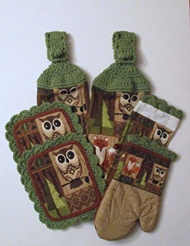 Owl, Fox, Woodland Themed, 6-pc Kitchen Set, Crochet Top Hanging Towels, Pot Holders, Oven Mitt, Dish Cloth