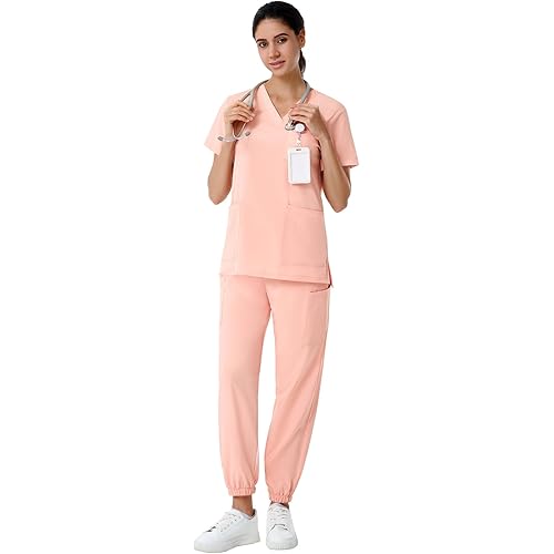 Leaddol Scrubs for Women Set, V-Neck Scrubs Top & Jogger Pants Medical Scrubs Set with 8 Pockets, Yoga Waistband